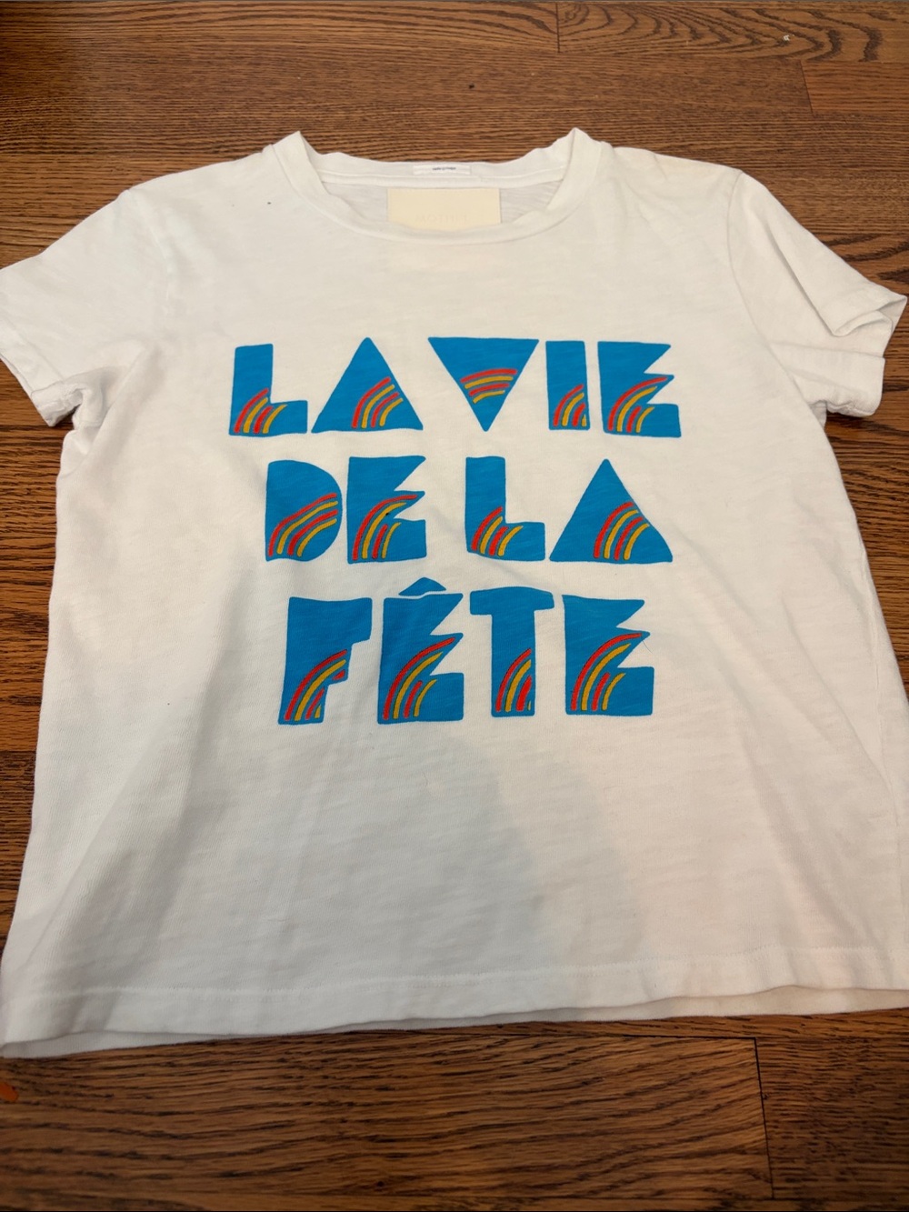 MOTHER White Short-Sleeve Tee with Blue Block Text and Rainbow Accents